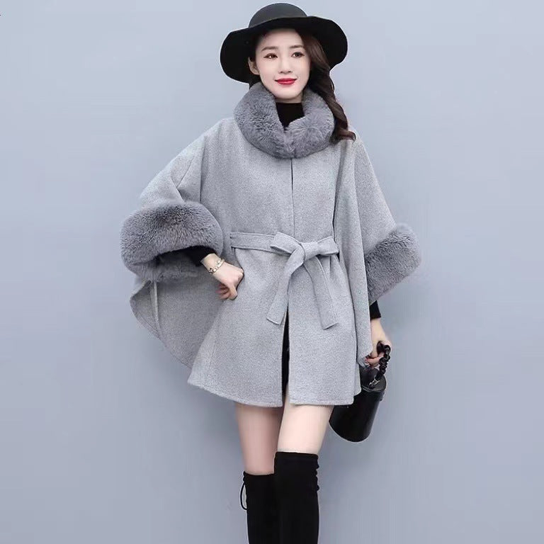 Fur Collar Tie Knitted Cape Women's Wool Plus Size Women's Clothing