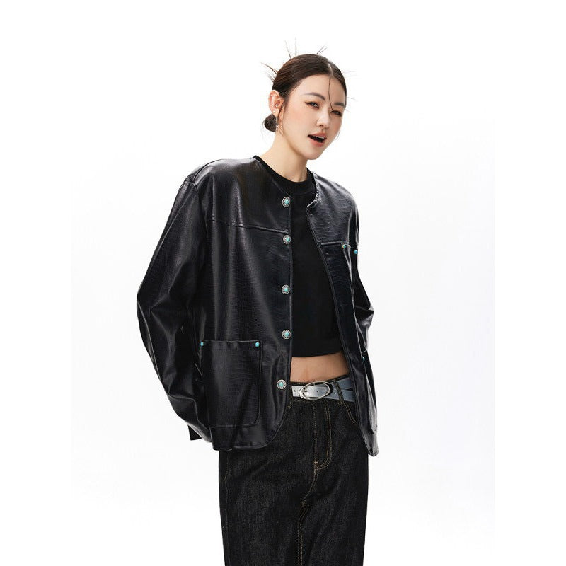 Womens Black Alligator-Print Collarless Leather Jacket