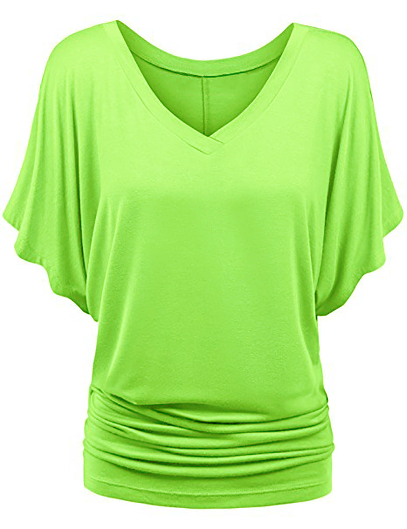 Plus-size Loose-fit Batwing-sleeve V-neck Short-sleeve T-shirt Top