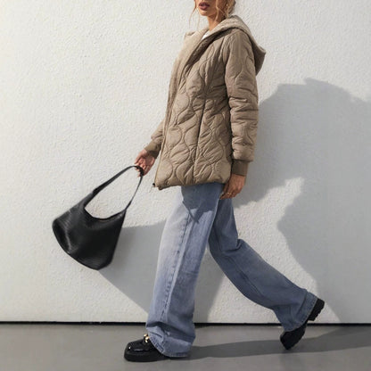 Womens Mid-Length Hooded Padded Coat With Fleece Lining