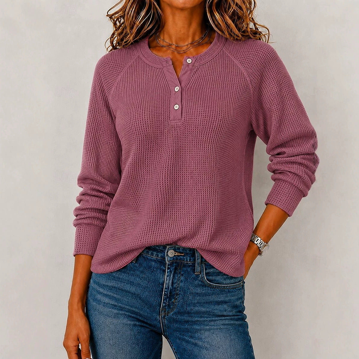 Womens Long-sleeve Button-front Loose-fit Casual Top