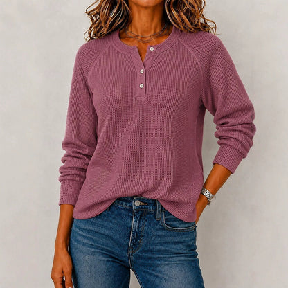 Womens Long-sleeve Button-front Loose-fit Casual Top