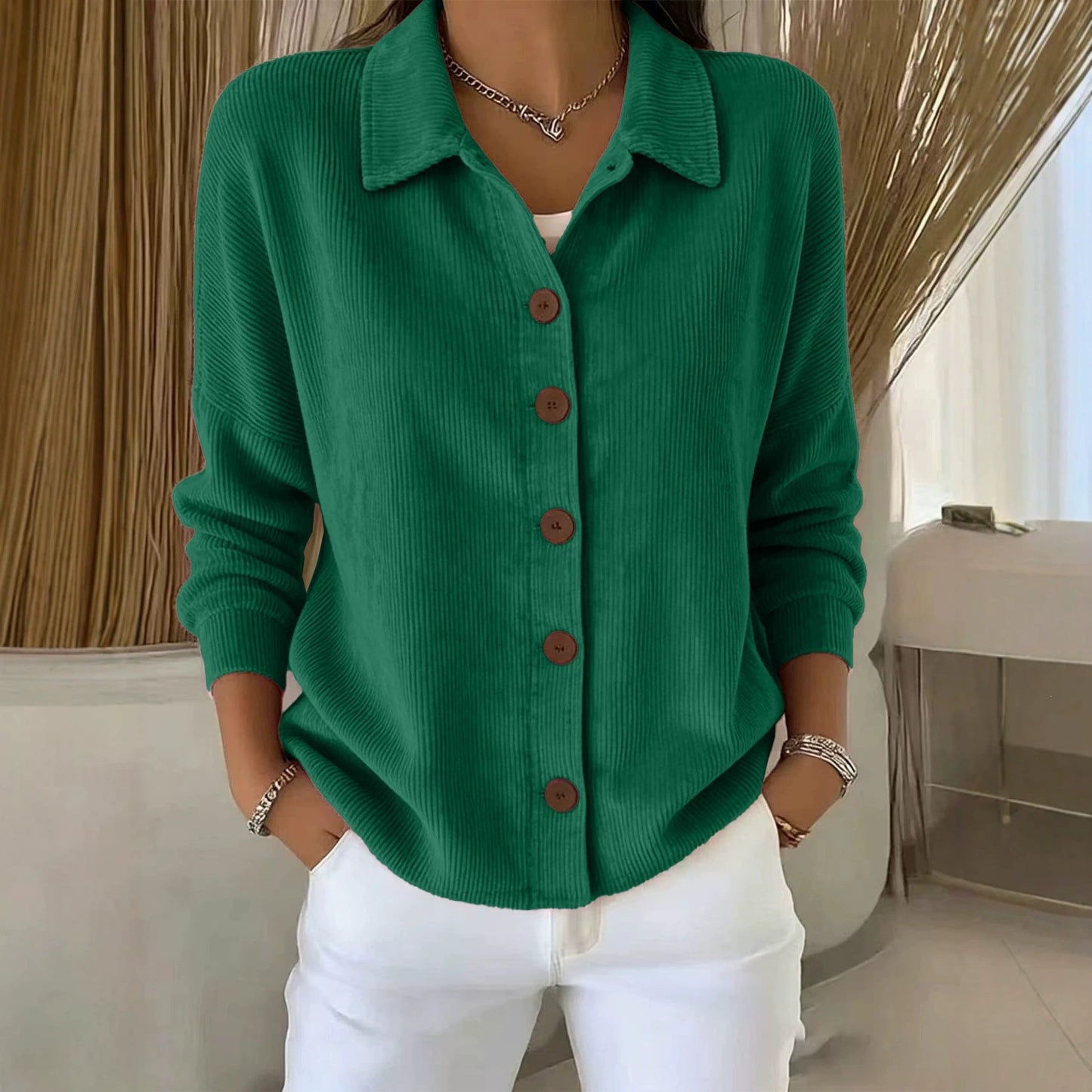 Womens Solid-Color Long-Sleeve Cardigan Polo Shirt