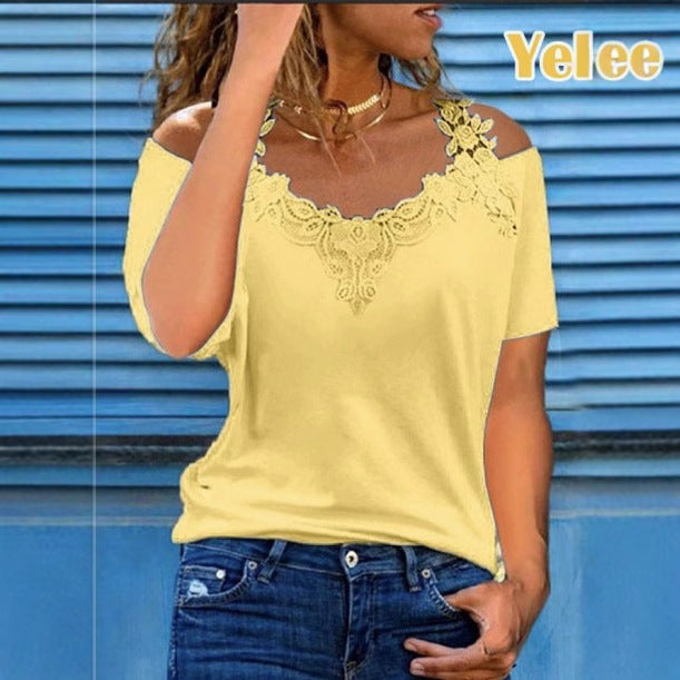 V-Neck Patchwork Short-Sleeved Lace Casual Loose T-Shirt For Women