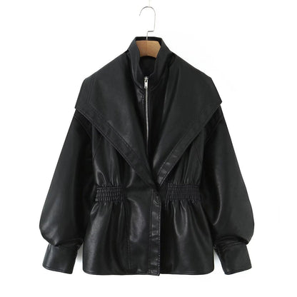 Turn-down Collar Loose Leather Jacket Womens Top
