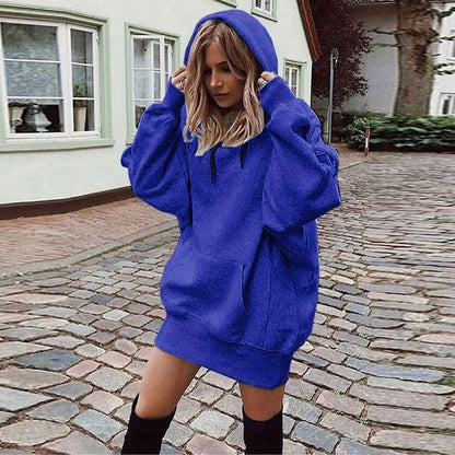 Women's Solid Color Pullover Hooded Loose Fleece Sweater