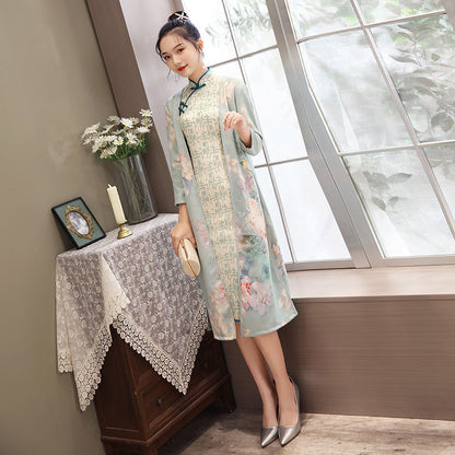 Women's Medium Length Cheongsam With Suede And Aodai Dress