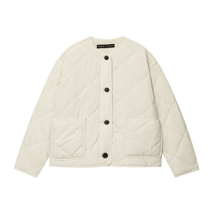 Womens Simple Cotton Padded Jacket With Crew Neck And Chest Pocket