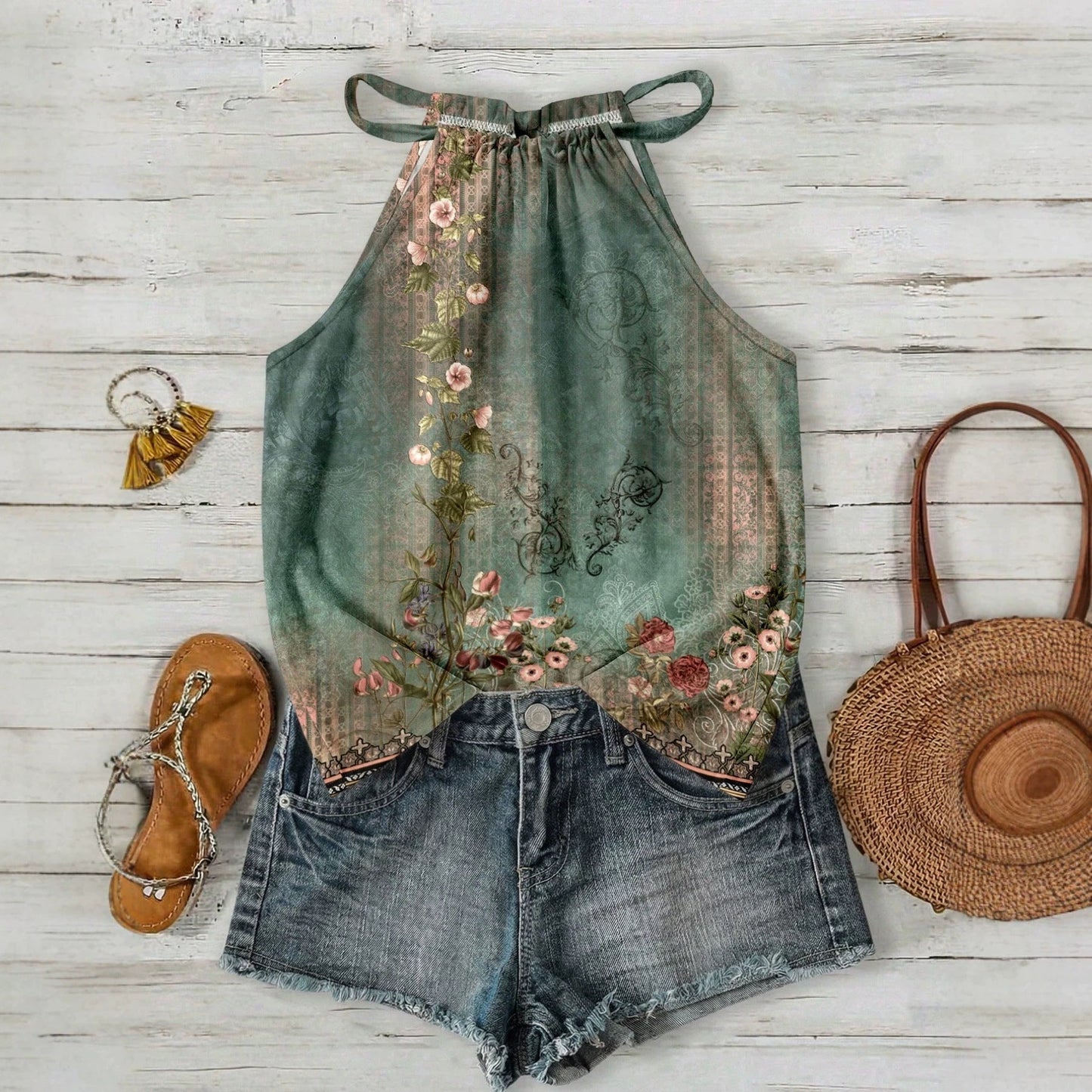 Womens Casual Resort-style Halter-neck Sleeveless Tank Top