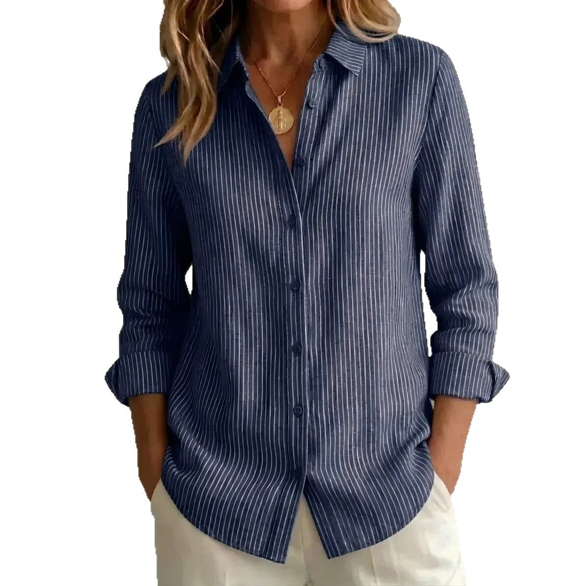 Womens Long-sleeved Linen Shirt With Blue And White Vertical Stripes
