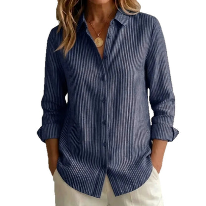 Womens Long-sleeved Linen Shirt With Blue And White Vertical Stripes