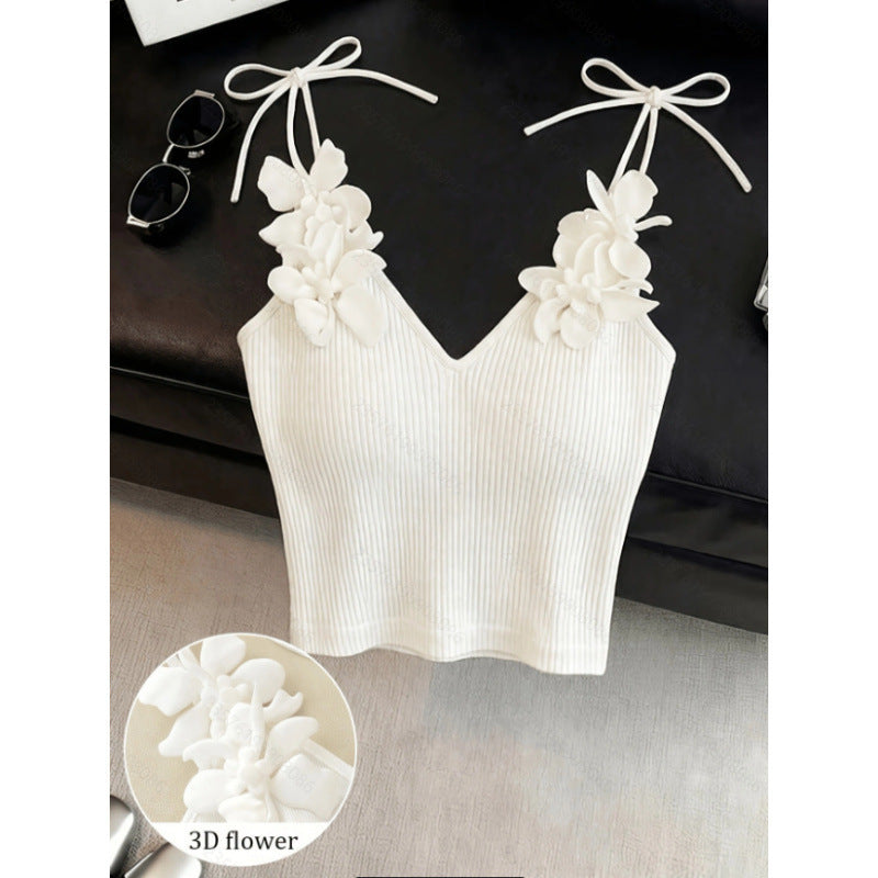 Solid Color Knitted Vest with 3D Floral Lace-up Detail - Women's Sleeveless Slim Fit Crochet Top for Casual Daily Wear