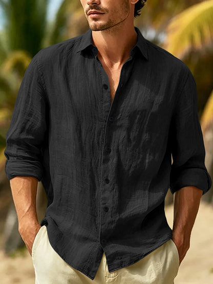 Mens Linen Lapel Beach Shirt Long Sleeves Solid Color