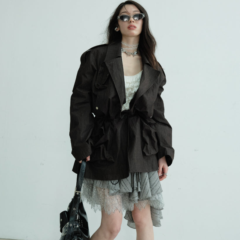 Pocket-decorated Waist-cinching Hunting-style Short Trench Coat
