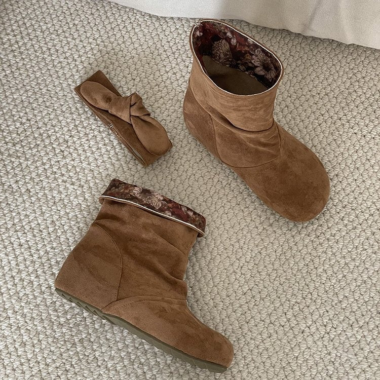 Slouch Ankle Boots Women Round Toe Soft Suede Inner Wedge Short Boots