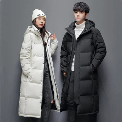 Mens Long Winter White Duck Down Hooded Coat That Goes Below The Knee