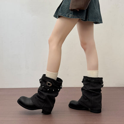 Vintage Style Block Heel Pleated Pants Tube Boots Womens 2026 Autumn New Arrival Trendy Fashion Boots Martin Boots Slouchy Ankle Boots