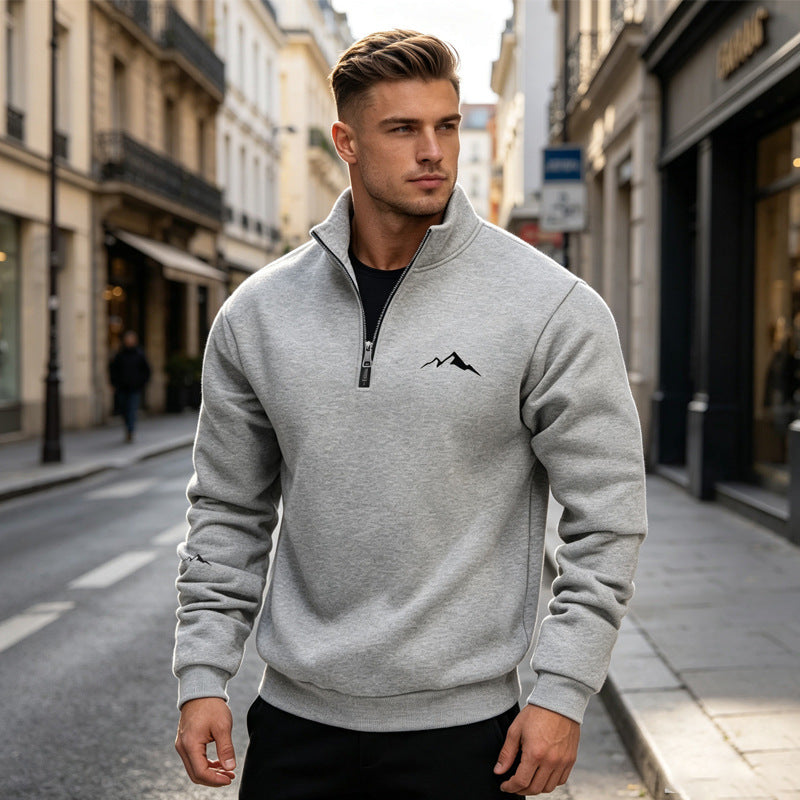 Mid-length Loose-fit Zip-up Casual Hoodie With A Stand-up Collar And Hood