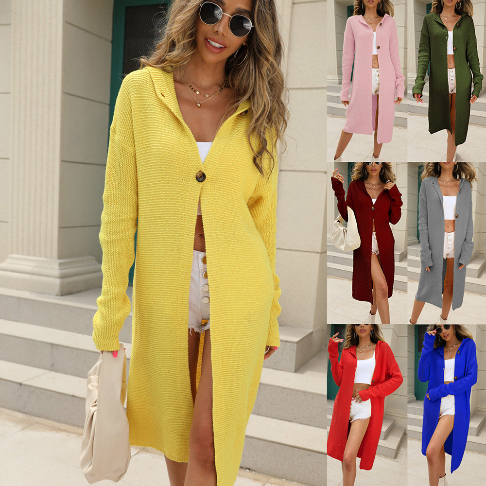 Women's Hooded Long Sleeve Solid Color Knitted Cardigan