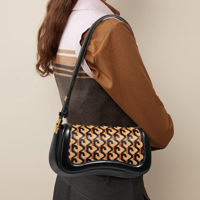 European And American Retro Trendy Underarm Bag Fashionable High-grade Genuine Leather Horsehair Shoulder Bag Niche Design All-match Women's Bag