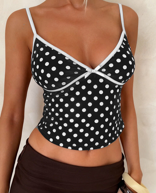 Lace Bow-Embellished Seam-Spliced Petite Sexy V-Neck Colorblock Vest