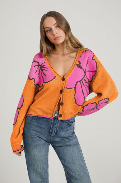 Womens Loose-fit Jacquard Color-block Knitted Cardigan Top