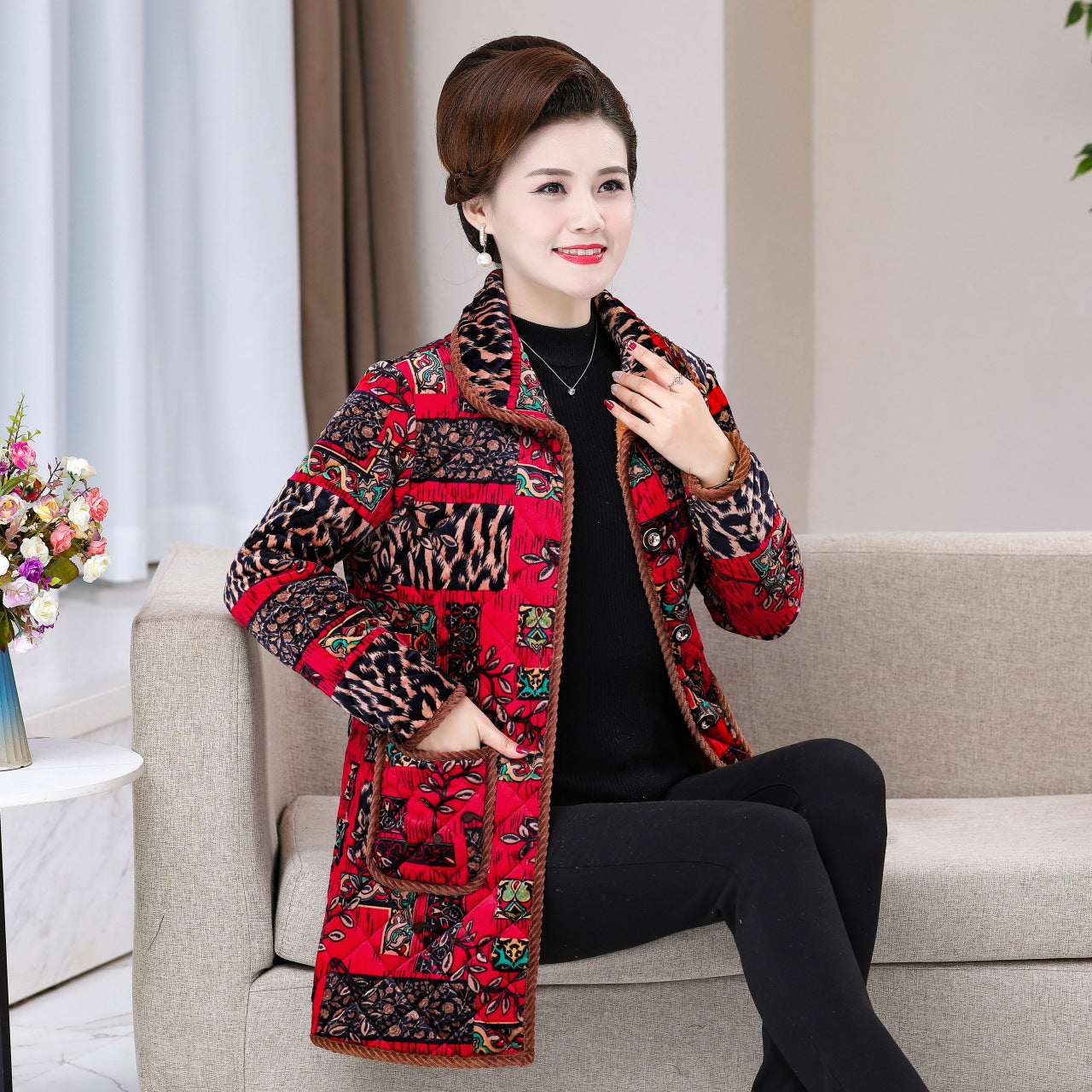Womens Fashionable Floral-print Warm Plus-size Cotton Coat