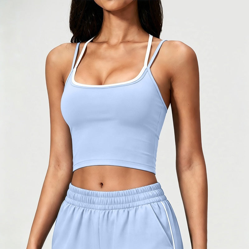 Color Block Sports Bra Halterneck Two Piece Faux Tank Top For Women