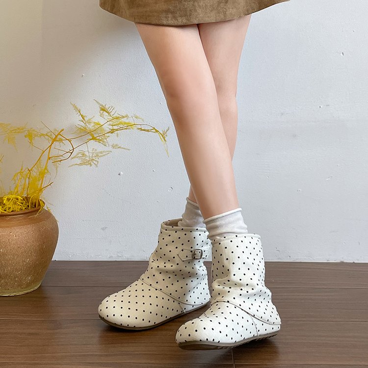 2026 New Women Vintage Wrinkled Slouch Boots, Soft Sole Polka Dot Square Toe Ugly Cute Versatile Ankle Boots