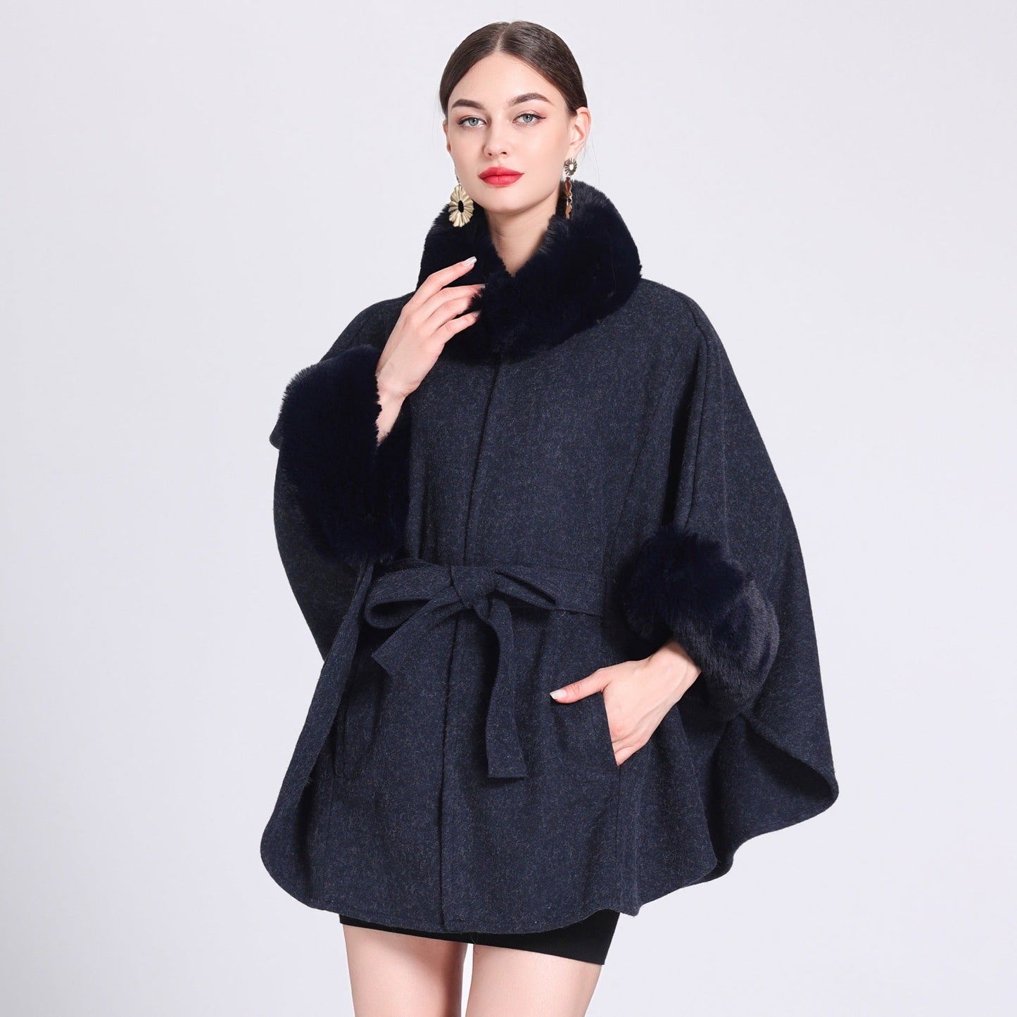 Fur Collar Tie Knitted Cape Women's Wool Plus Size Women's Clothing