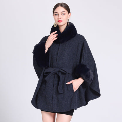 Fur Collar Tie Knitted Cape Women's Wool Plus Size Women's Clothing