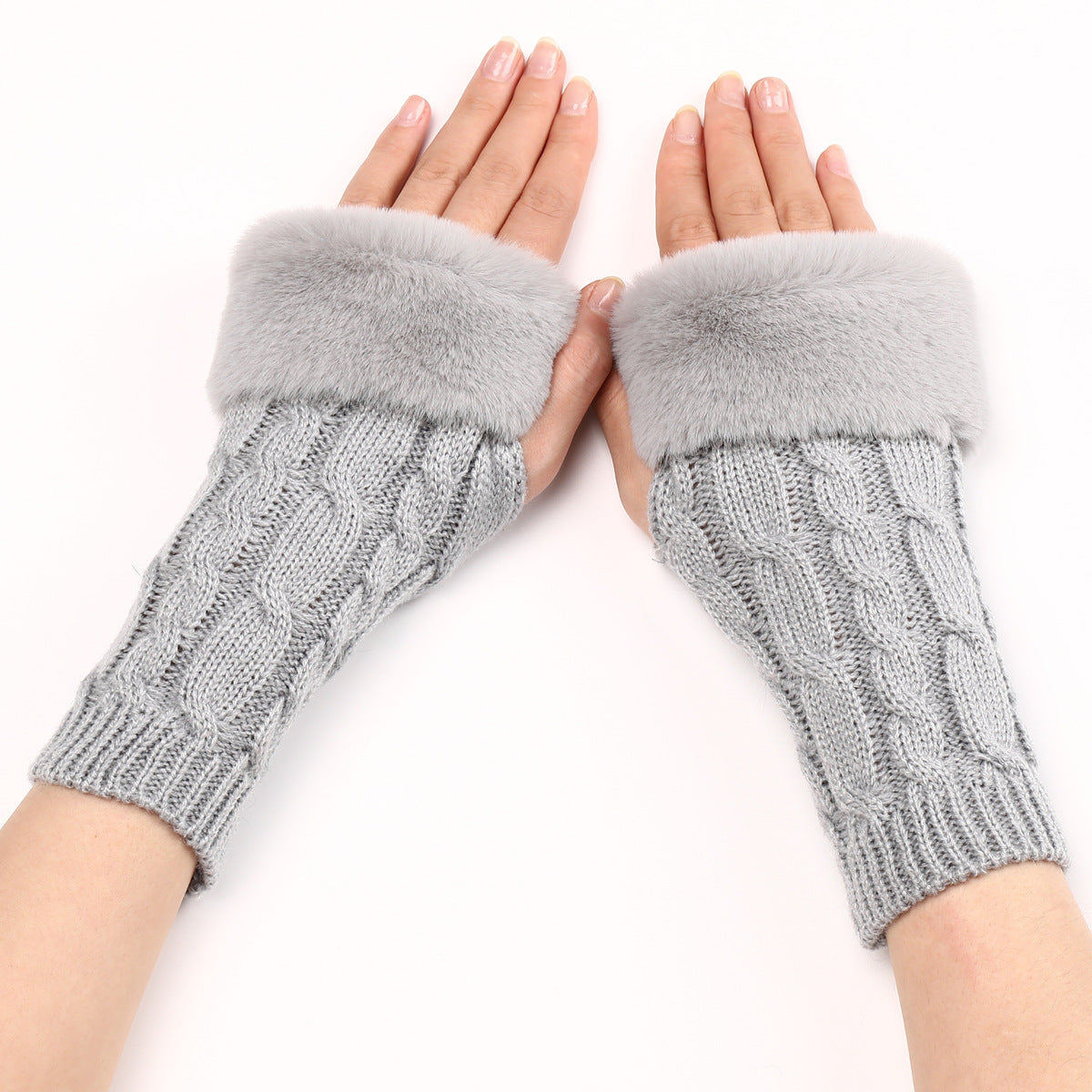 Women's Cable Knit Arm Warmers - Open End Half Finger Gloves with Wool Lining for Fall Winter Cold Weather