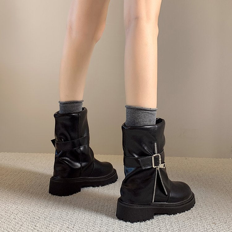 Women's Premium Denim Leather Boots, Wasteland Style Ankle Boots, New Ruched Belt Buckle Slouchy Pants Shaft Comfort Zip Boots