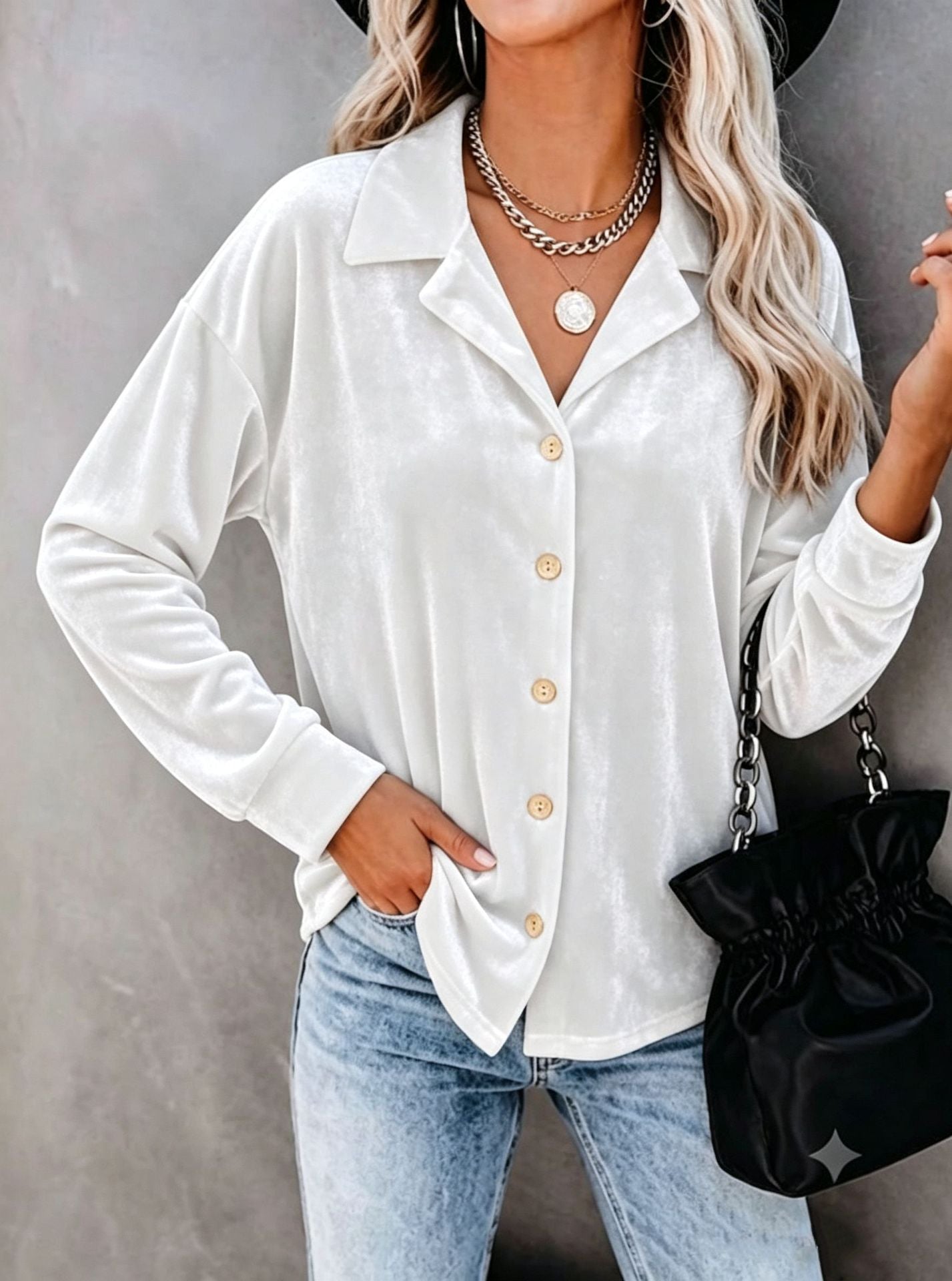 Casual Chic Button-up Velvet Long-sleeve Shirt