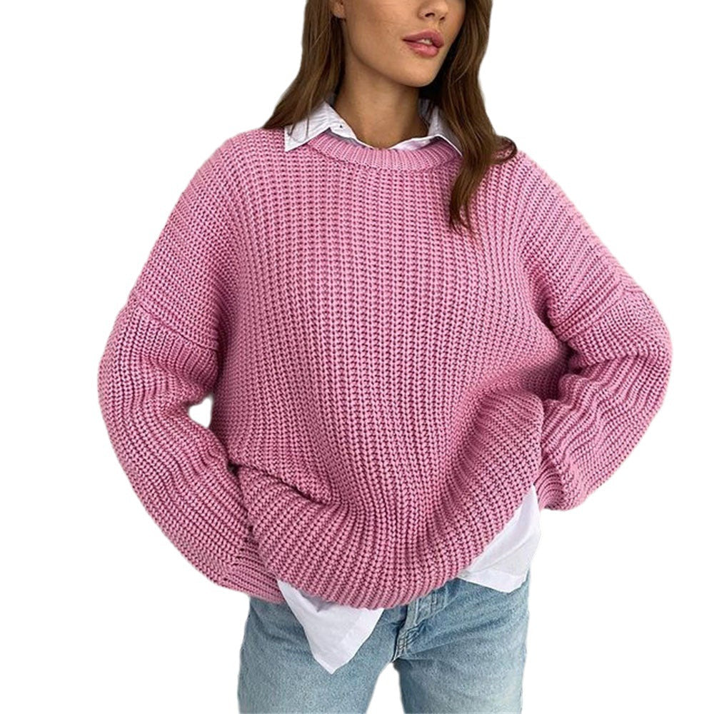 Loose-fit Crew-neck Solid-color Long-sleeve Knit Cardigan