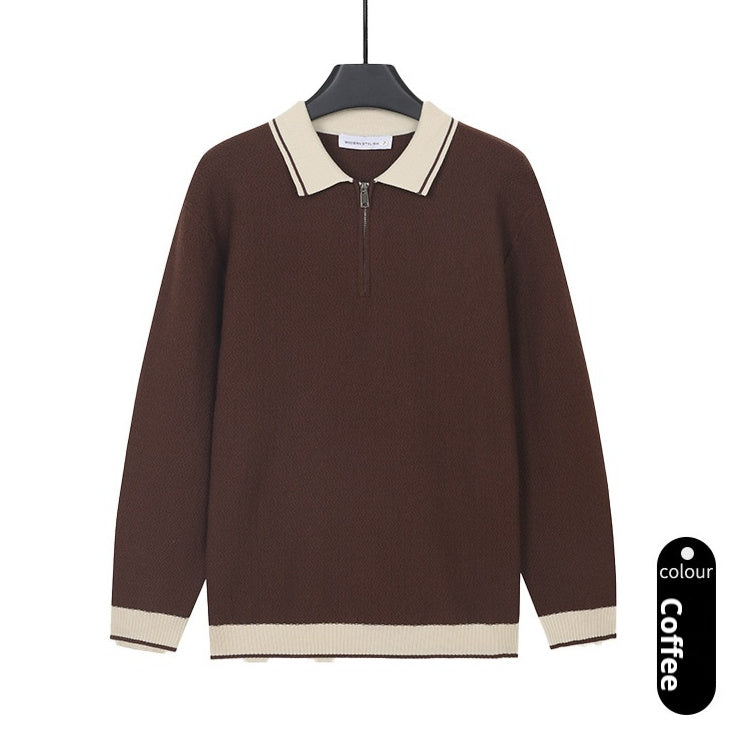Mens Solid-Color Casual Top With Lapel And Half-Zip