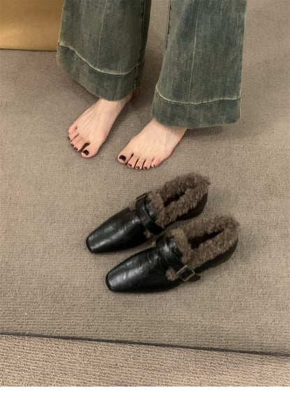 Block Heel Mary Jane Women Shoes Fleece Lined Pumps 2025 Autumn Winter New Warm Deep Mouth Shoes Furry Shoes Outdoor Cotton Shoes