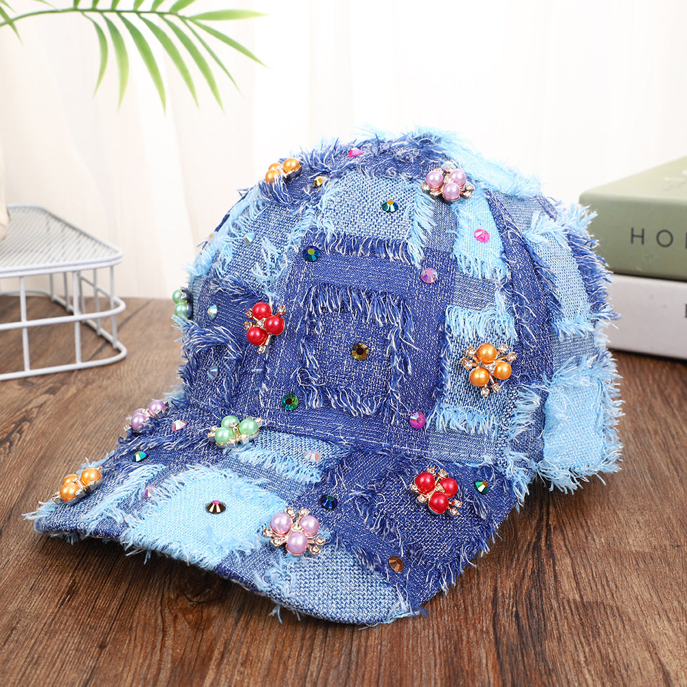 Korean-style Multi-color Fringed Checkered Baseball Cap With Rhinestones And Pearl Flowers, Casual Curved Brim Fedora Hat