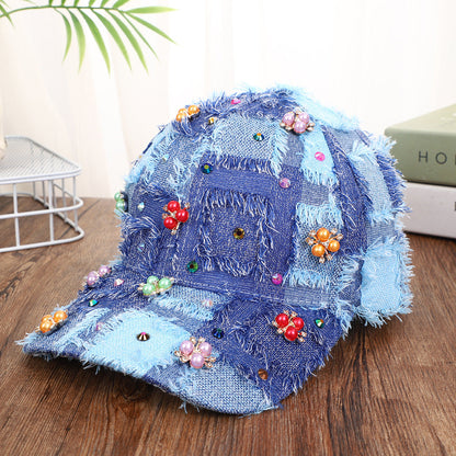 Korean-style Multi-color Fringed Checkered Baseball Cap With Rhinestones And Pearl Flowers, Casual Curved Brim Fedora Hat
