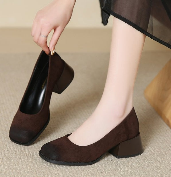 Vintage French Chic Square Toe Block Heel Pumps, Niche High End Low Cut Women Shoes For Spring & Autumn