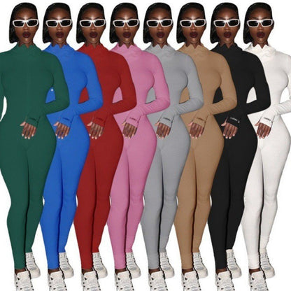 Women's Zipper Stretch Turtleneck Slim Fit Fitness Jumpsuit