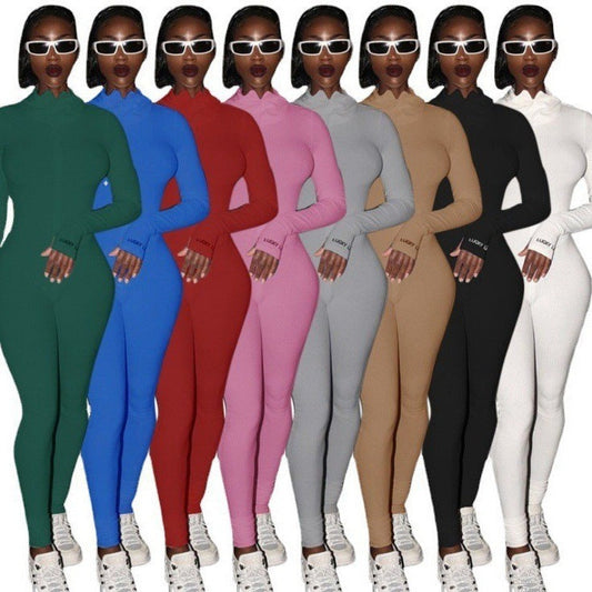 Women's Zipper Stretch Turtleneck Slim Fit Fitness Jumpsuit