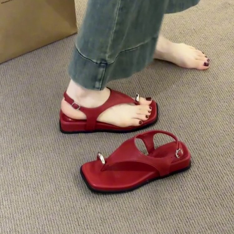 2025 Summer New French Vintage Roman Sandals, Toe Loop Backless Square Toe Wedge Sandals