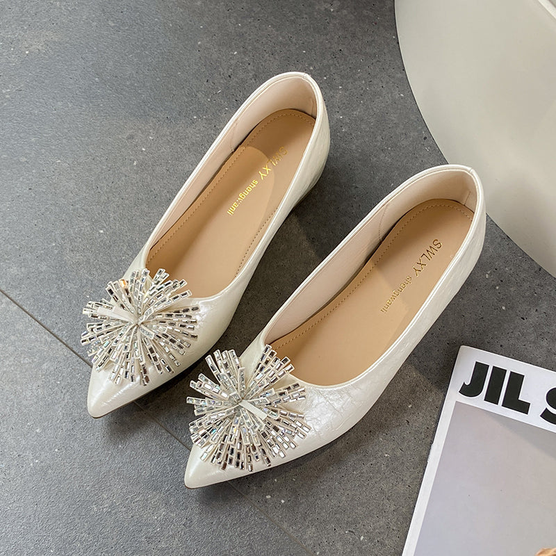 Women's 6cm Invisible Height Increase Mary Jane Flats, French Elegant Pointed Toe Low Cut Slip On Shoes, Rhinestone Floral Decor Dress Shoes For Matching Dresses