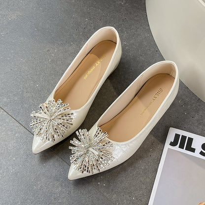 Women's 6cm Invisible Height Increase Mary Jane Flats, French Elegant Pointed Toe Low Cut Slip On Shoes, Rhinestone Floral Decor Dress Shoes For Matching Dresses