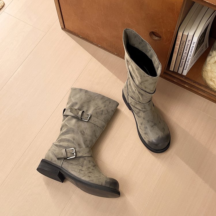 Women's Tall Knight Boots, 2026 Spring Autumn New Denim French Retro Slouchy Distressed Western Low Shaft Boots