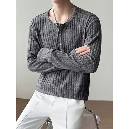 Mens Long-Sleeve T-Shirt Loose-Fit Striped All-Match Top