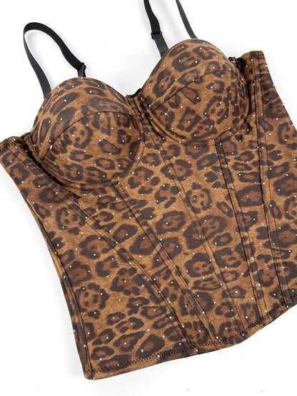 European And American Golden Brown Leopard Print Suede Short Vest With Inner Strap Can Be Worn Outside Stretch Gathered Fishbone Shaped Corset