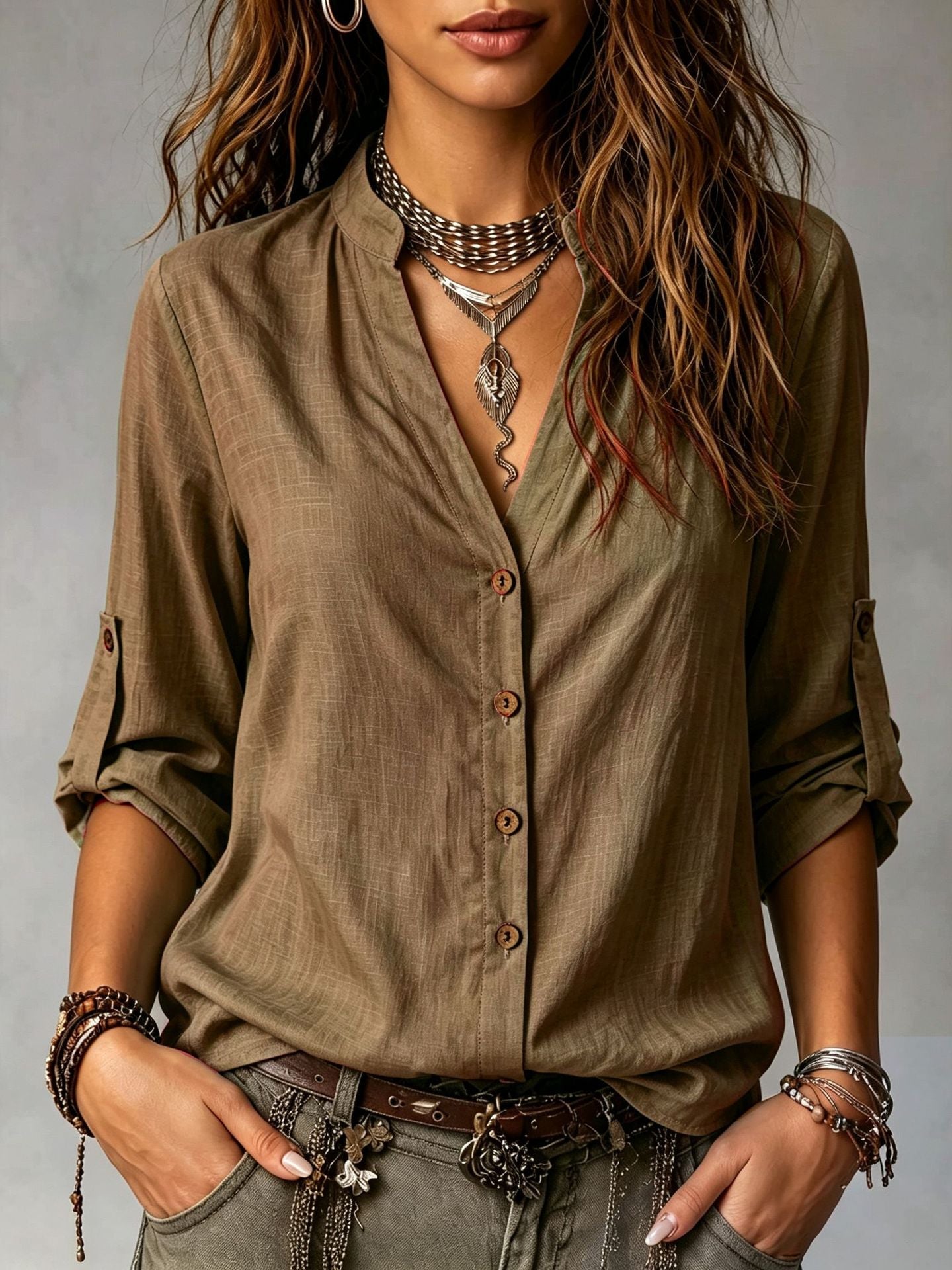 Casual-style Long-sleeve Button-down Shirt For Women