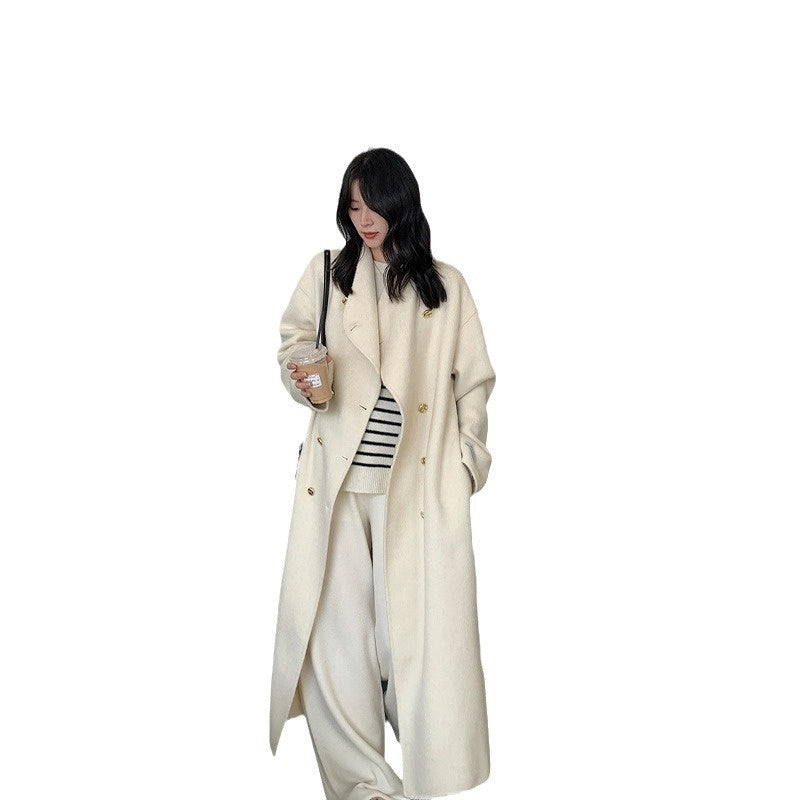 Stand-collar Design Double-breasted Coat Womens Large Lapel Long Loose-fit Wool Overcoat
